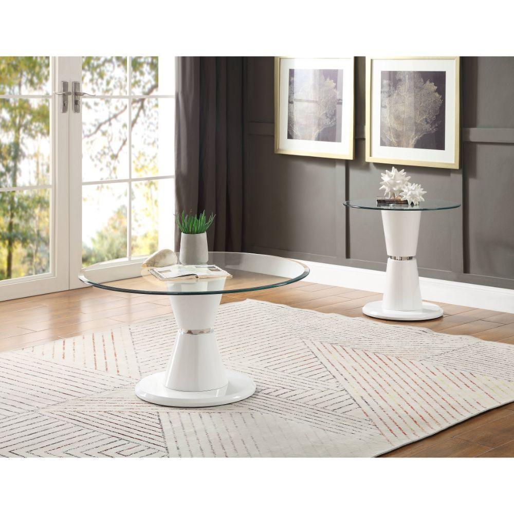 ACME Kavi Coffee Table, Clear Glass & White High Gloss FredCo