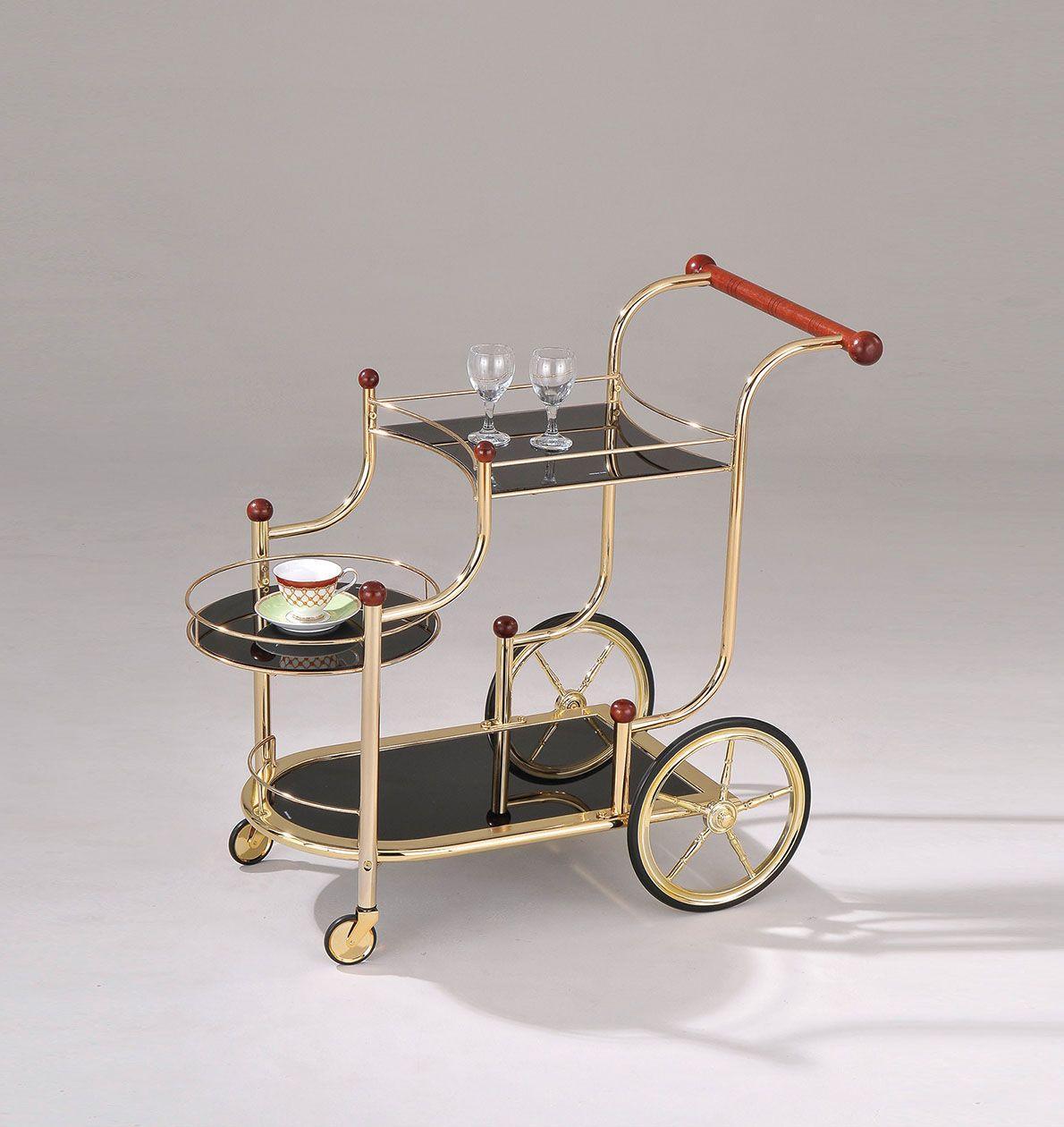 ACME Lacy Serving Cart, Gold Plated, Cherry Wood & Black Glass FredCo