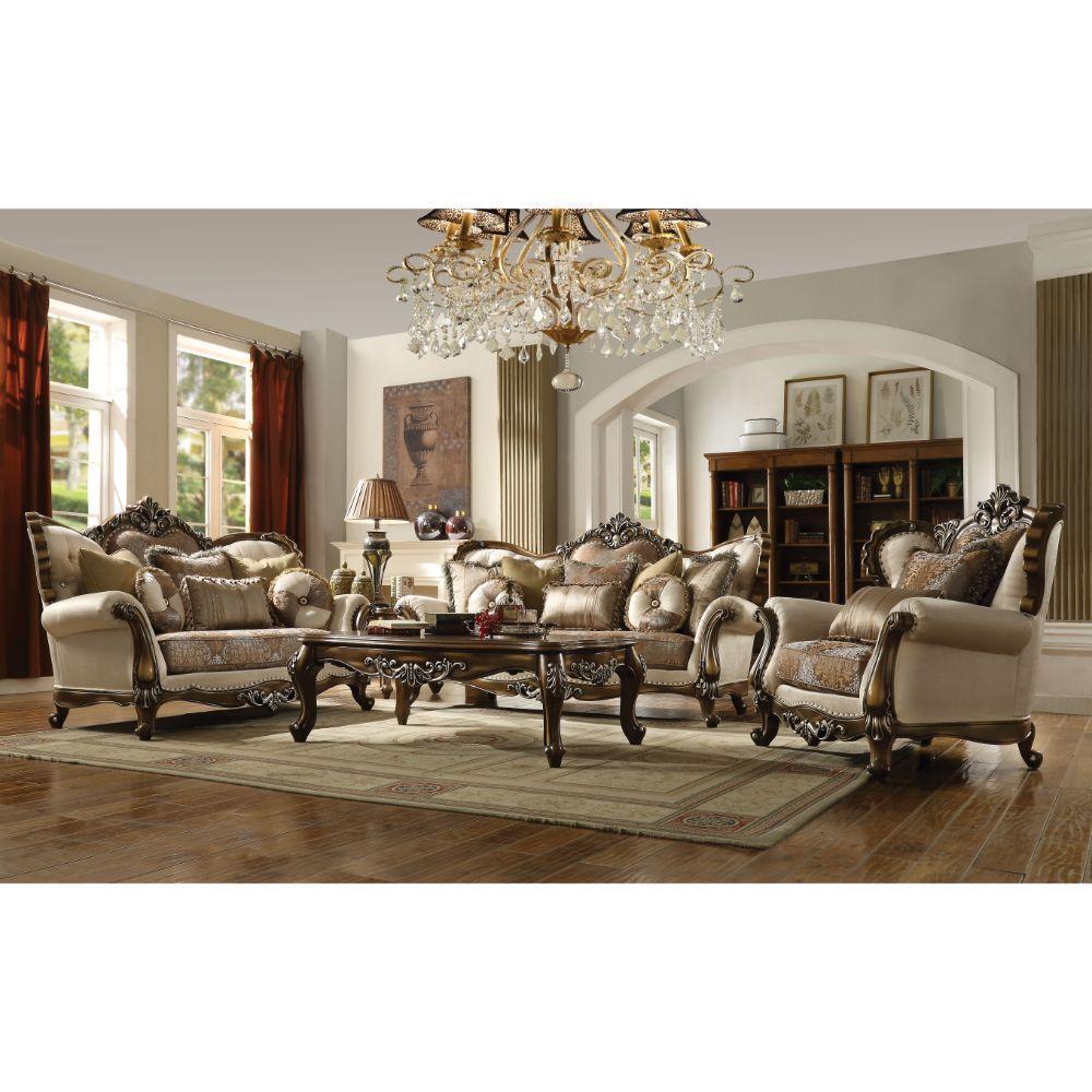 ACME Latisha Loveseat w/5 Pillows, Tan, Pattern Fabric & Antique Oak FredCo