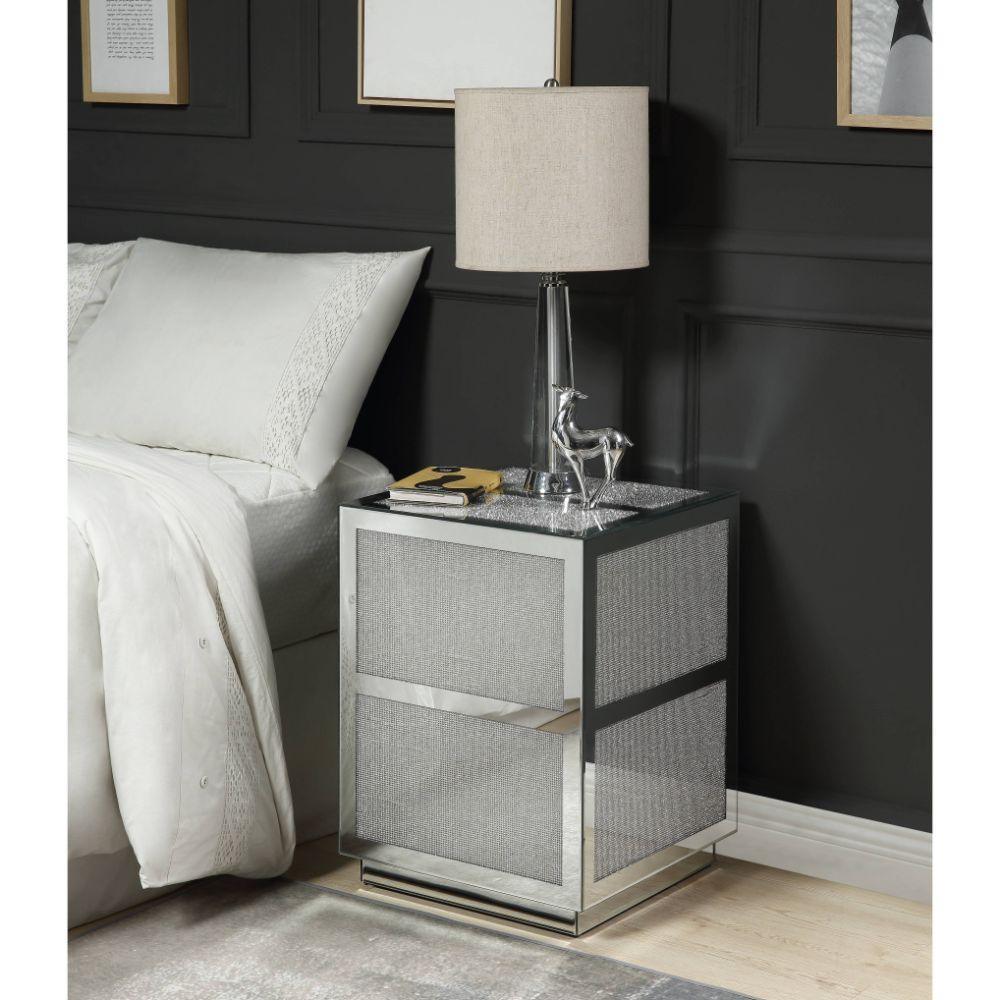 ACME Lavina End Table, Mirrored & Faux Diamonds FredCo