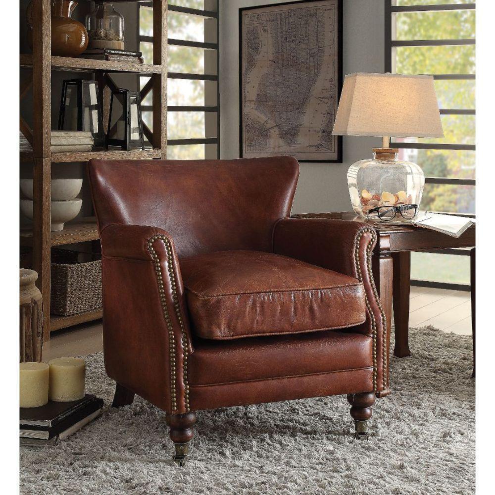 ACME Leeds Accent Chair, Vintage Dark Brown Top Grain Leather FredCo