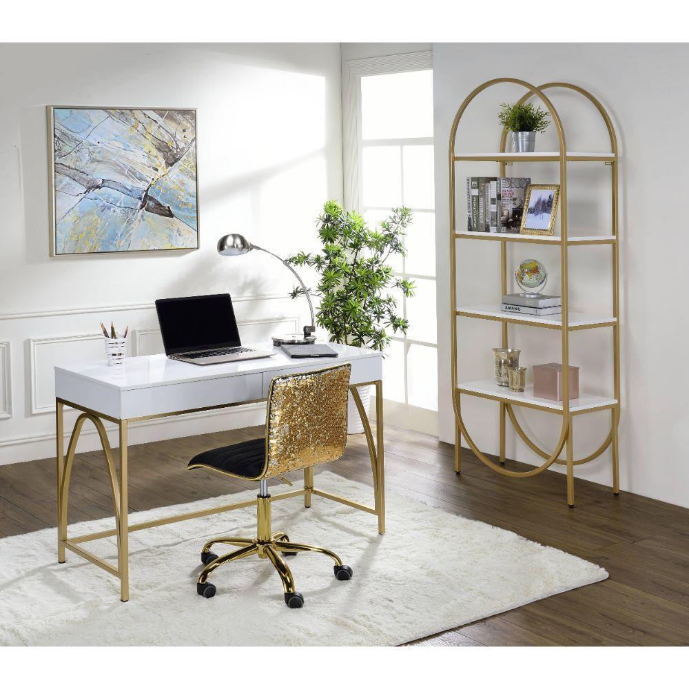 ACME Lightmane Desk, White High Gloss & Gold FredCo