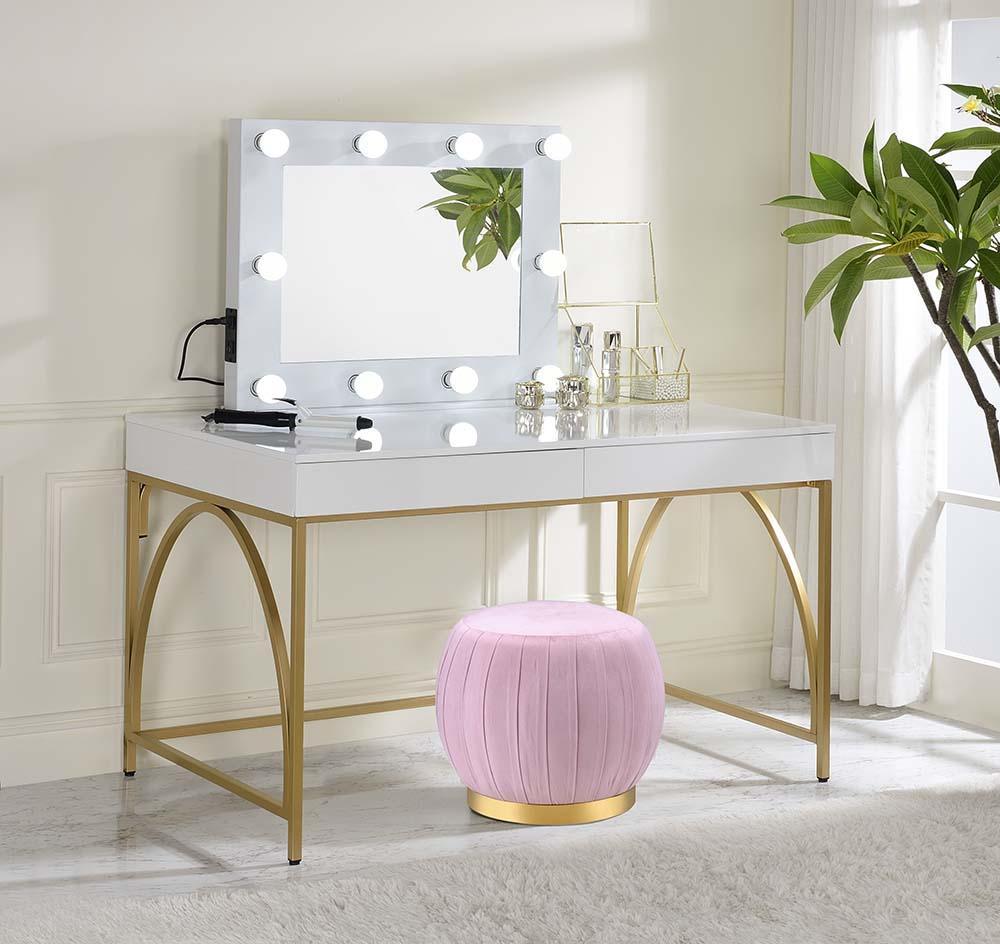ACME Lightmane Vanity Desk , White High Gloss & Gold Finish FredCo