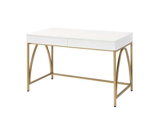 ACME Lightmane Vanity Desk , White High Gloss & Gold Finish FredCo