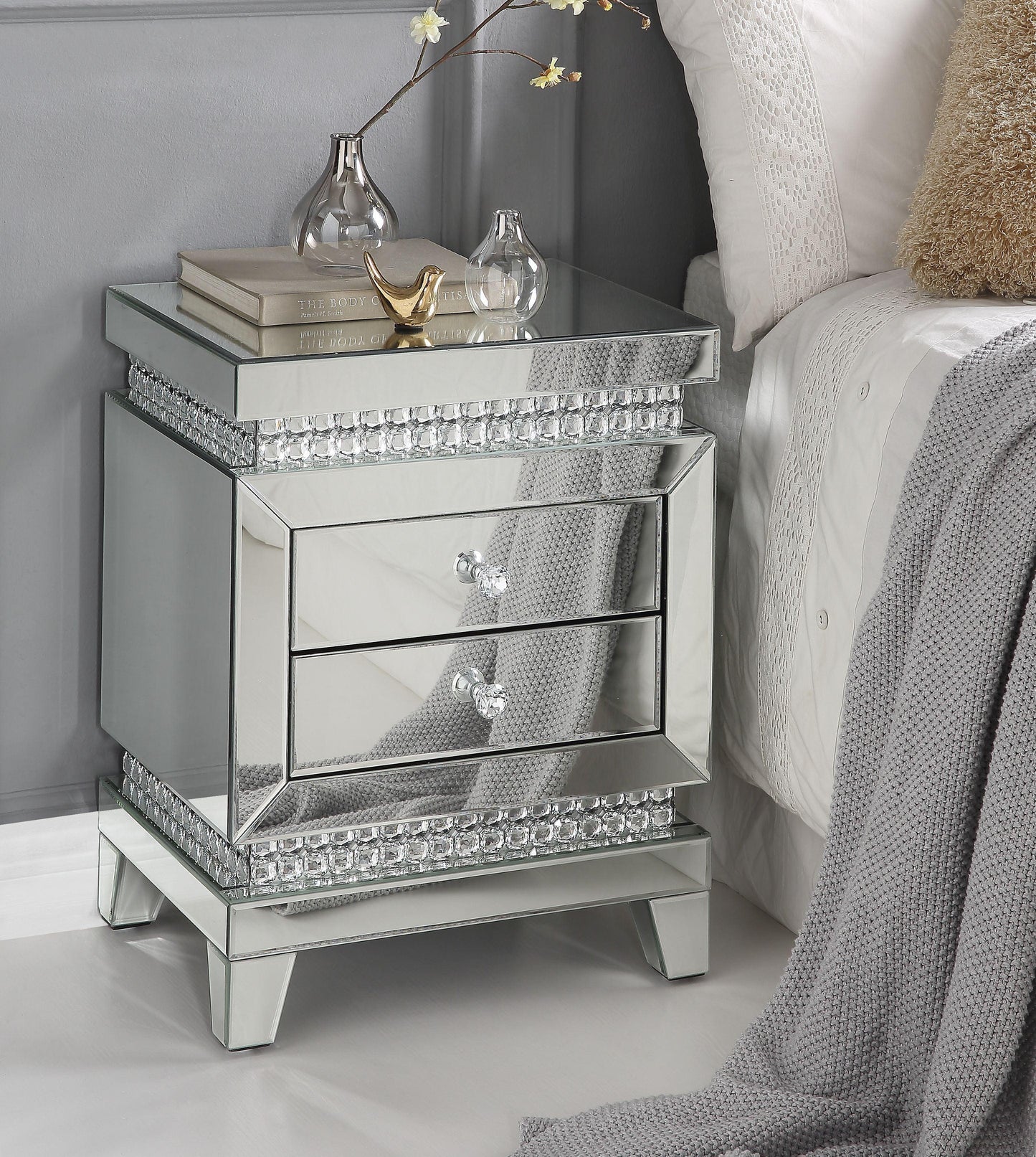 ACME Lotus Accent Table, Mirrored & Faux Crystals Inlay FredCo