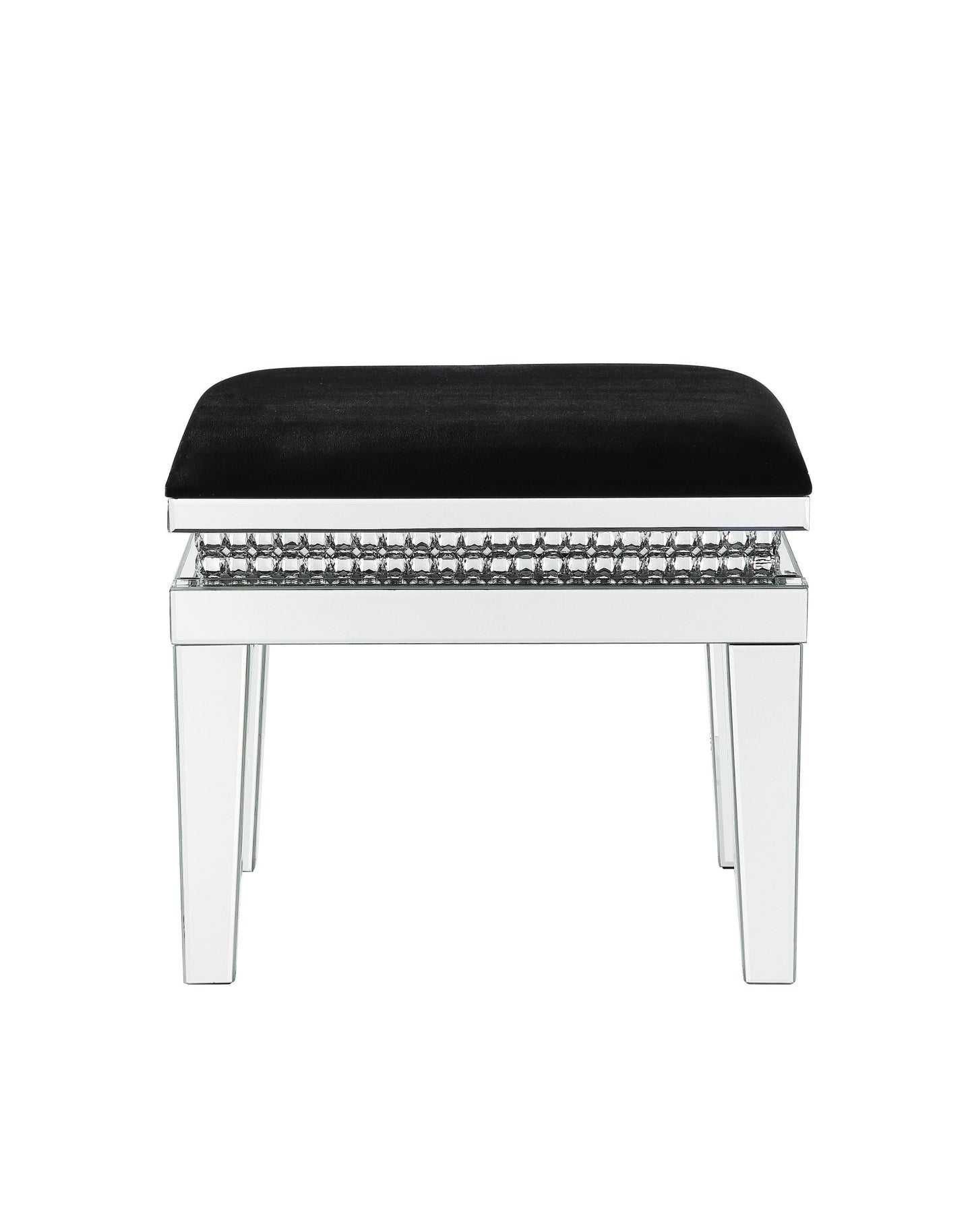 ACME Lotus Vanity Stool, Black Fabric, Mirrored & Faux Crystals FredCo
