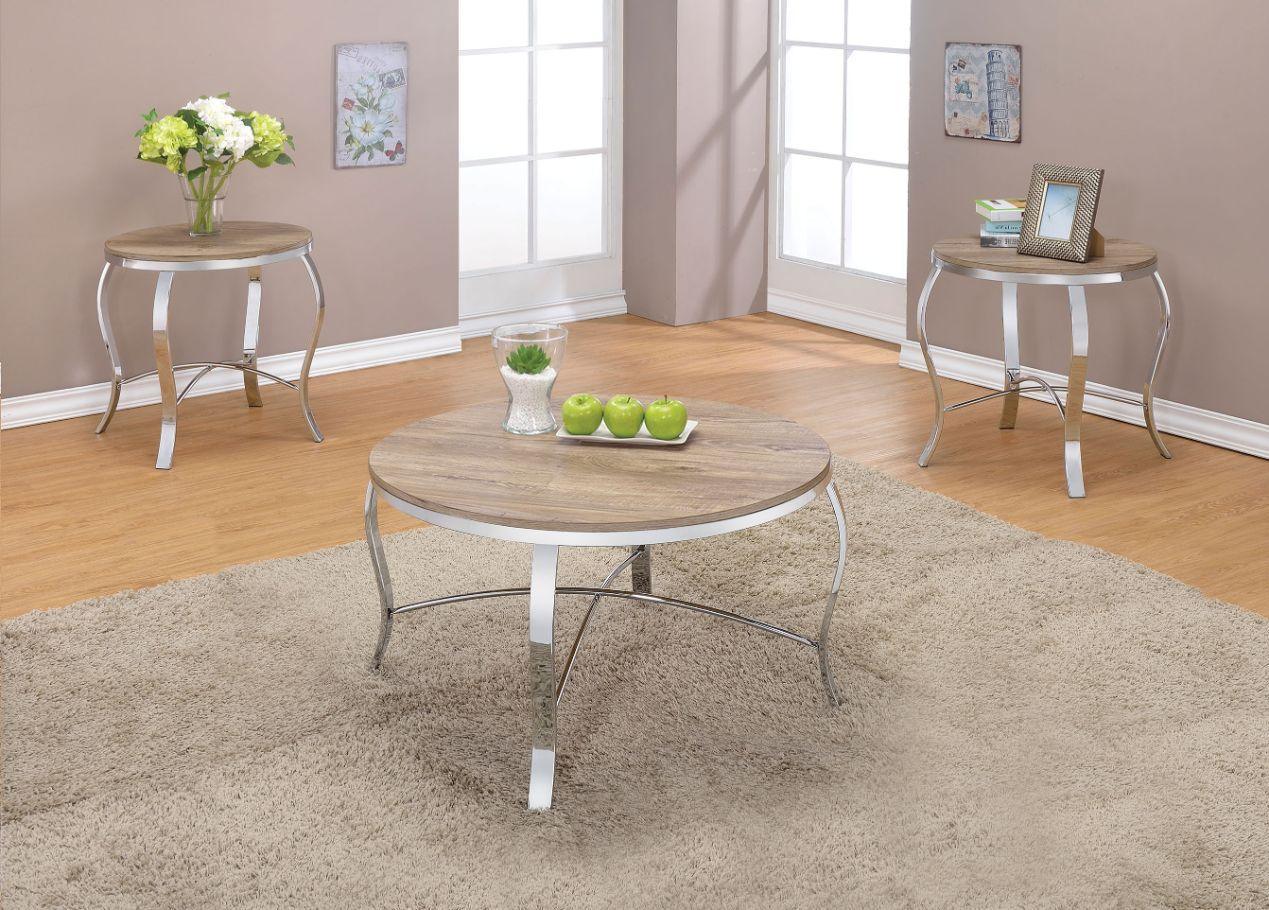 ACME Malai 3Pc Pack Coffee/End Table Set, Weathered Light Oak & Chrome FredCo