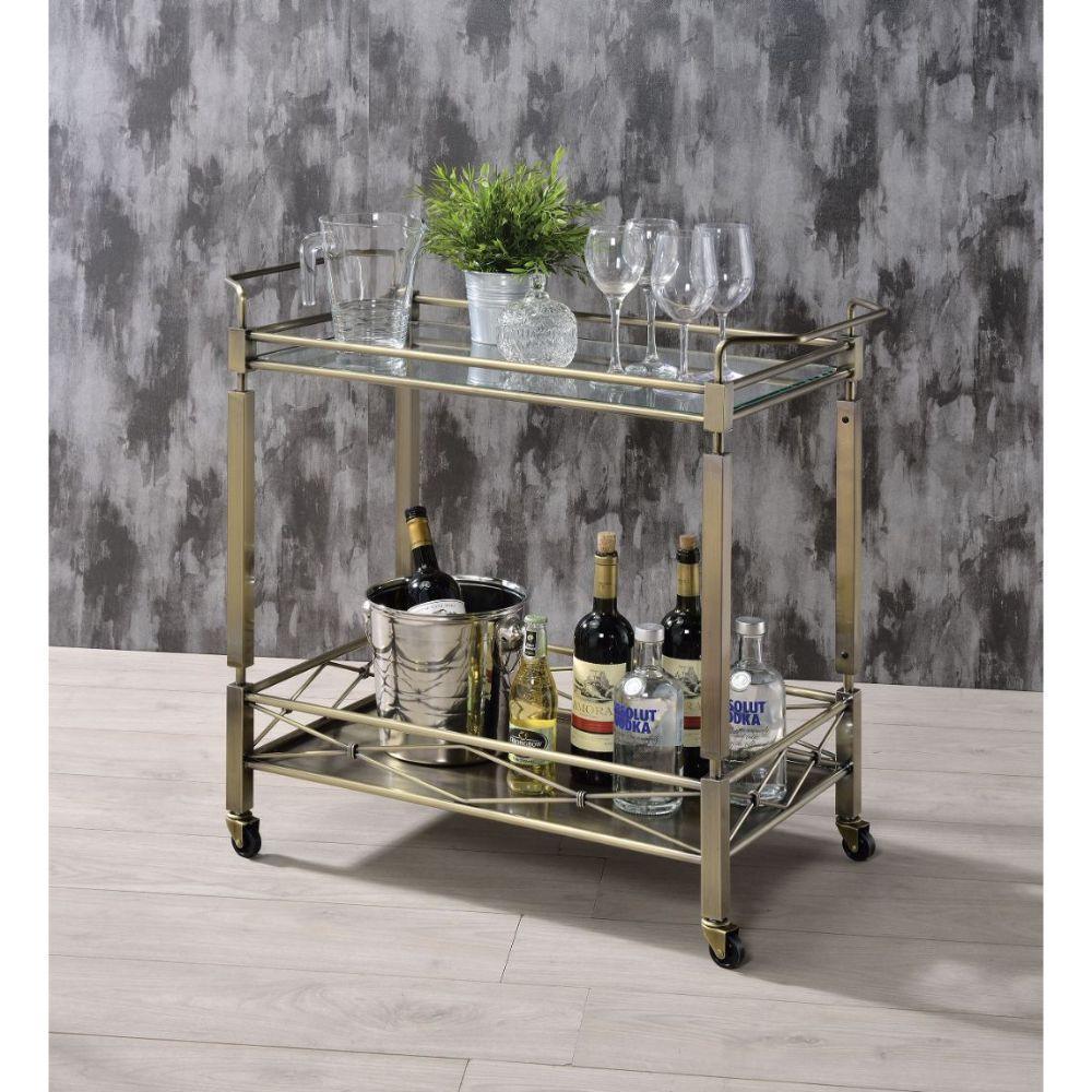 ACME Matiesen Serving Cart, Antique Gold & Clear Glass FredCo