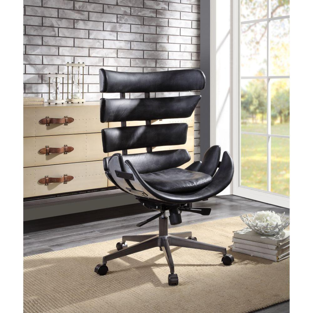 ACME Megan Executive Office Chair, Vintage Black Top Grain Leather & Aluminum FredCo