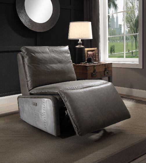 ACME Metier Power Motion Recliner, Gray Top Grain Leather & Aluminum FredCo