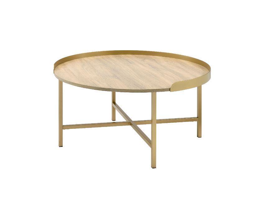 ACME Mithea Coffee Table, Oak Table Top & Gold Finish FredCo