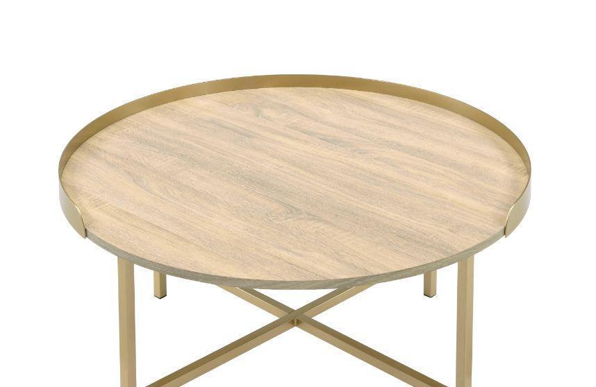 ACME Mithea Coffee Table, Oak Table Top & Gold Finish FredCo