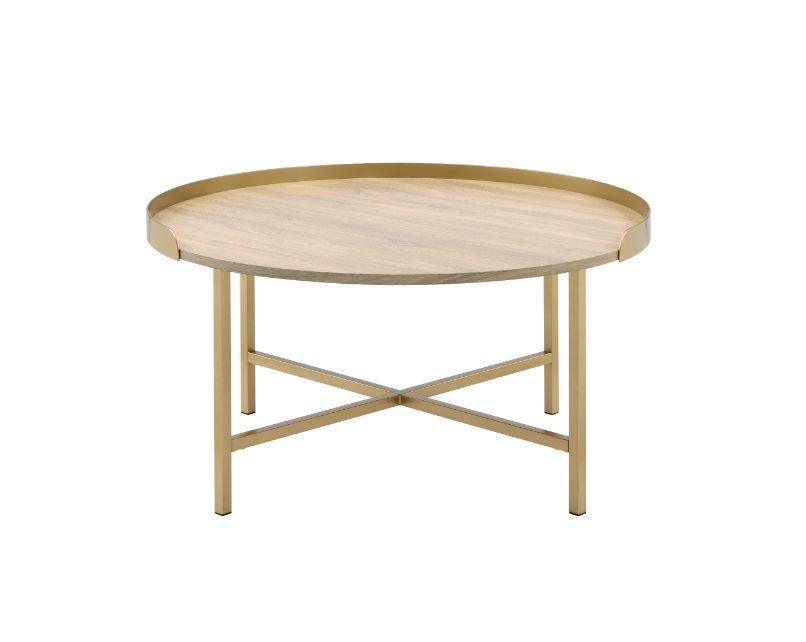 ACME Mithea Coffee Table, Oak Table Top & Gold Finish FredCo