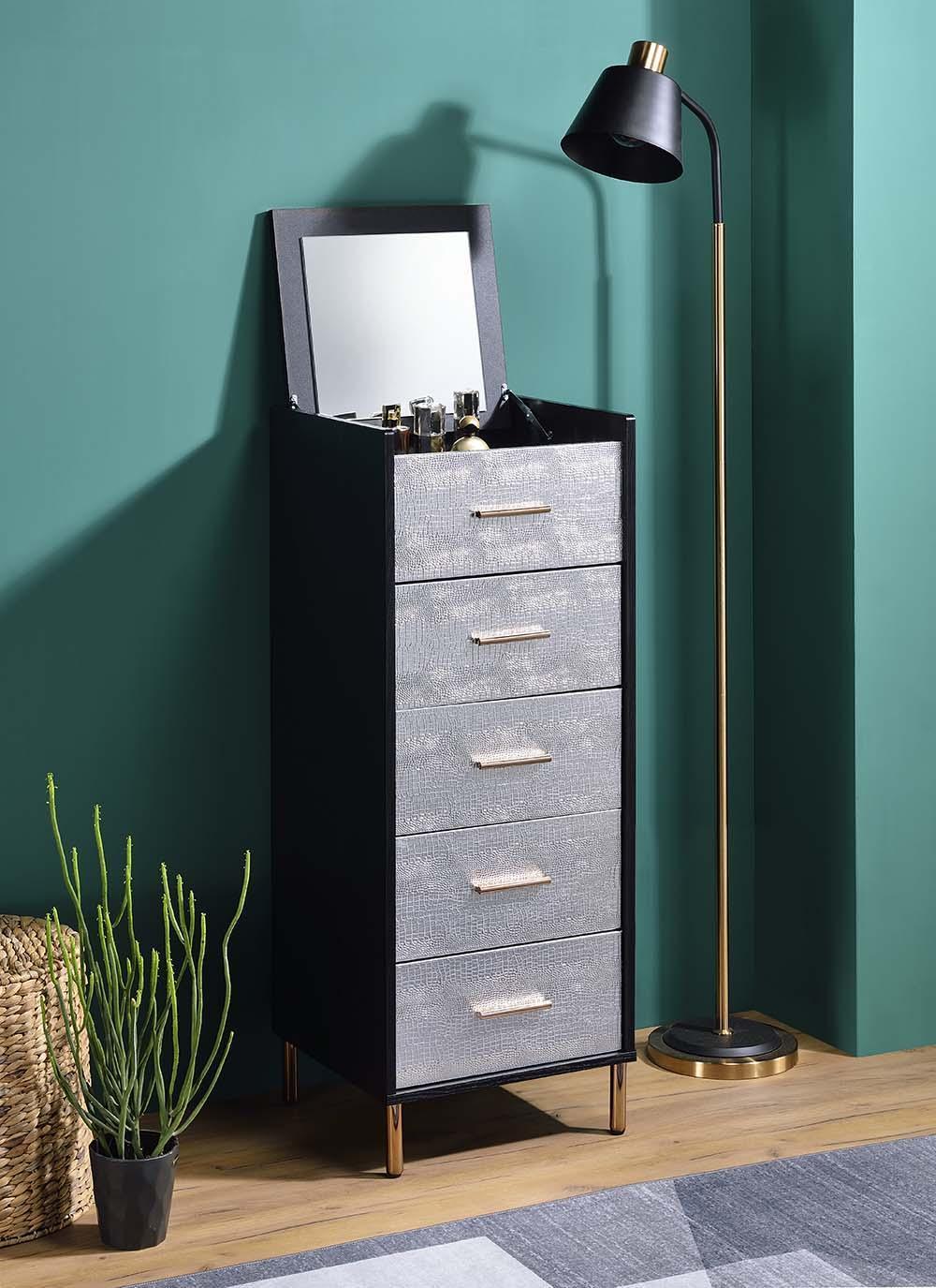 ACME Myles Jewelry Armoire, Black, Silver & Gold Finish FredCo