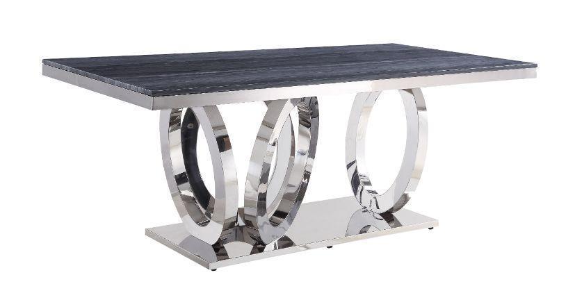ACME Nasir Dining Table, Gray Printed Faux Marble & Mirrored Silver Finish FredCo