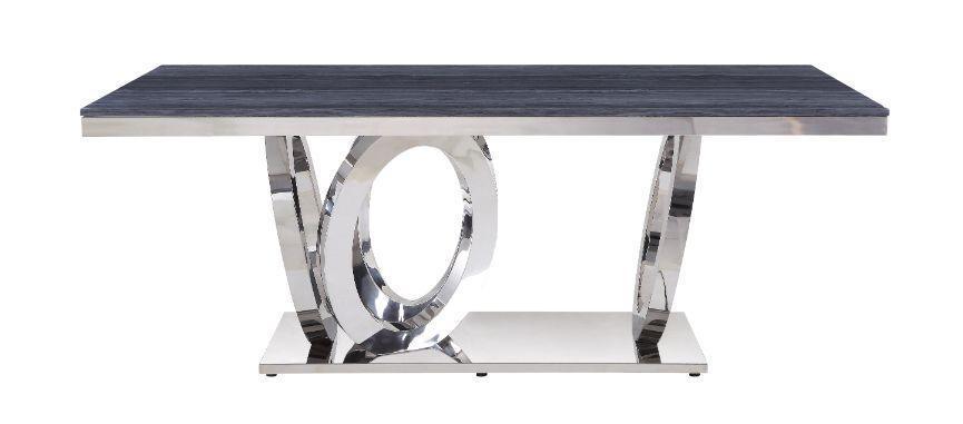 ACME Nasir Dining Table, Gray Printed Faux Marble & Mirrored Silver Finish FredCo