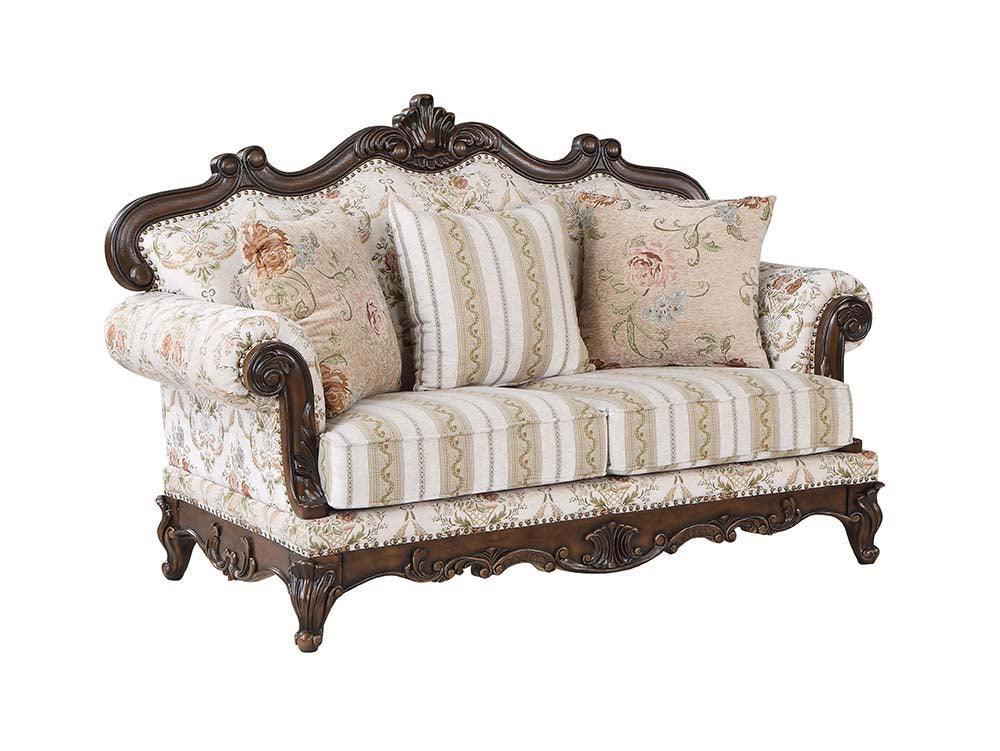 ACME Nayla Loveseat w/3 Pillows, Pattern Fabric & Walnut Finish FredCo