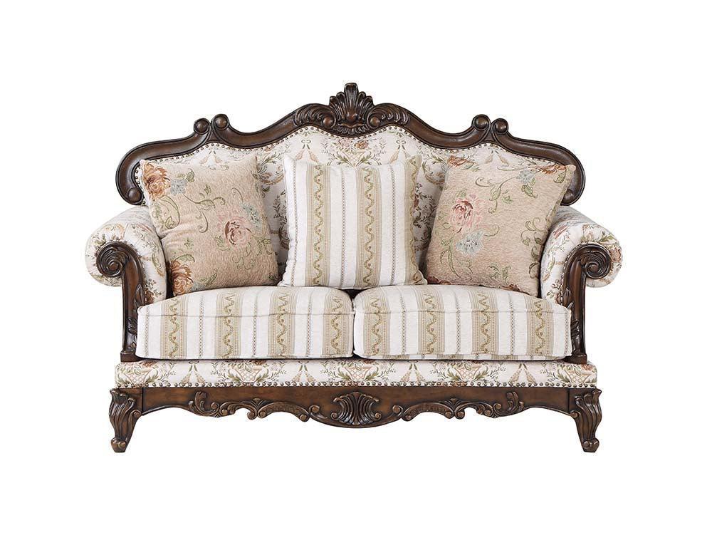 ACME Nayla Loveseat w/3 Pillows, Pattern Fabric & Walnut Finish FredCo