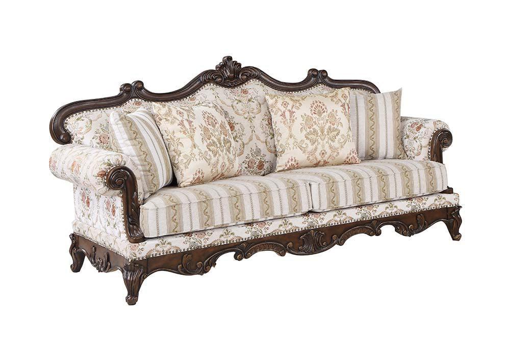 ACME Nayla Sofa w/4 Pillows, Pattern Fabric & Walnut Finish FredCo