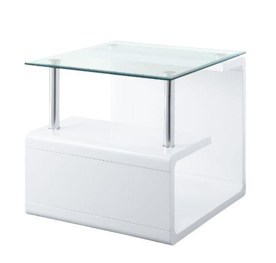 ACME Nevaeh End Table, Clear Glass & White High Gloss Finish FredCo