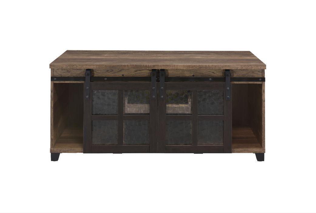 ACME Nineel Coffee Table, Obscure Glass, Rustic Oak & Black Finish FredCo