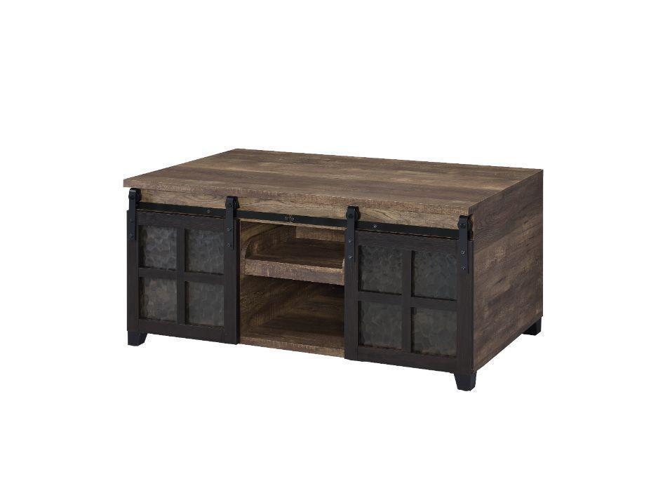 ACME Nineel Coffee Table, Obscure Glass, Rustic Oak & Black Finish FredCo