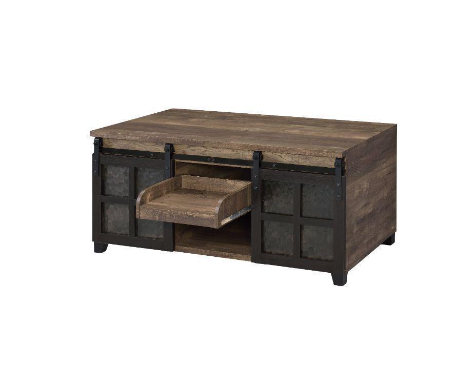 ACME Nineel Coffee Table, Obscure Glass, Rustic Oak & Black Finish FredCo