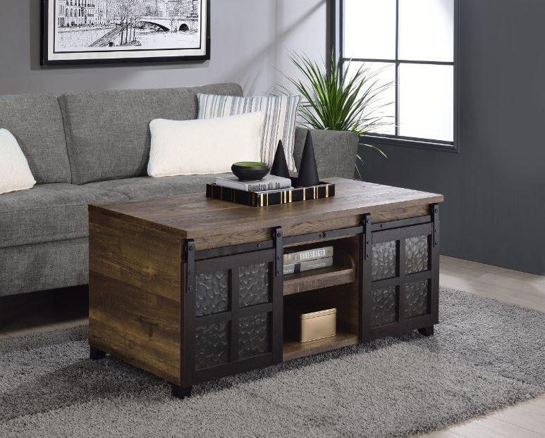 ACME Nineel Coffee Table, Obscure Glass, Rustic Oak & Black Finish FredCo
