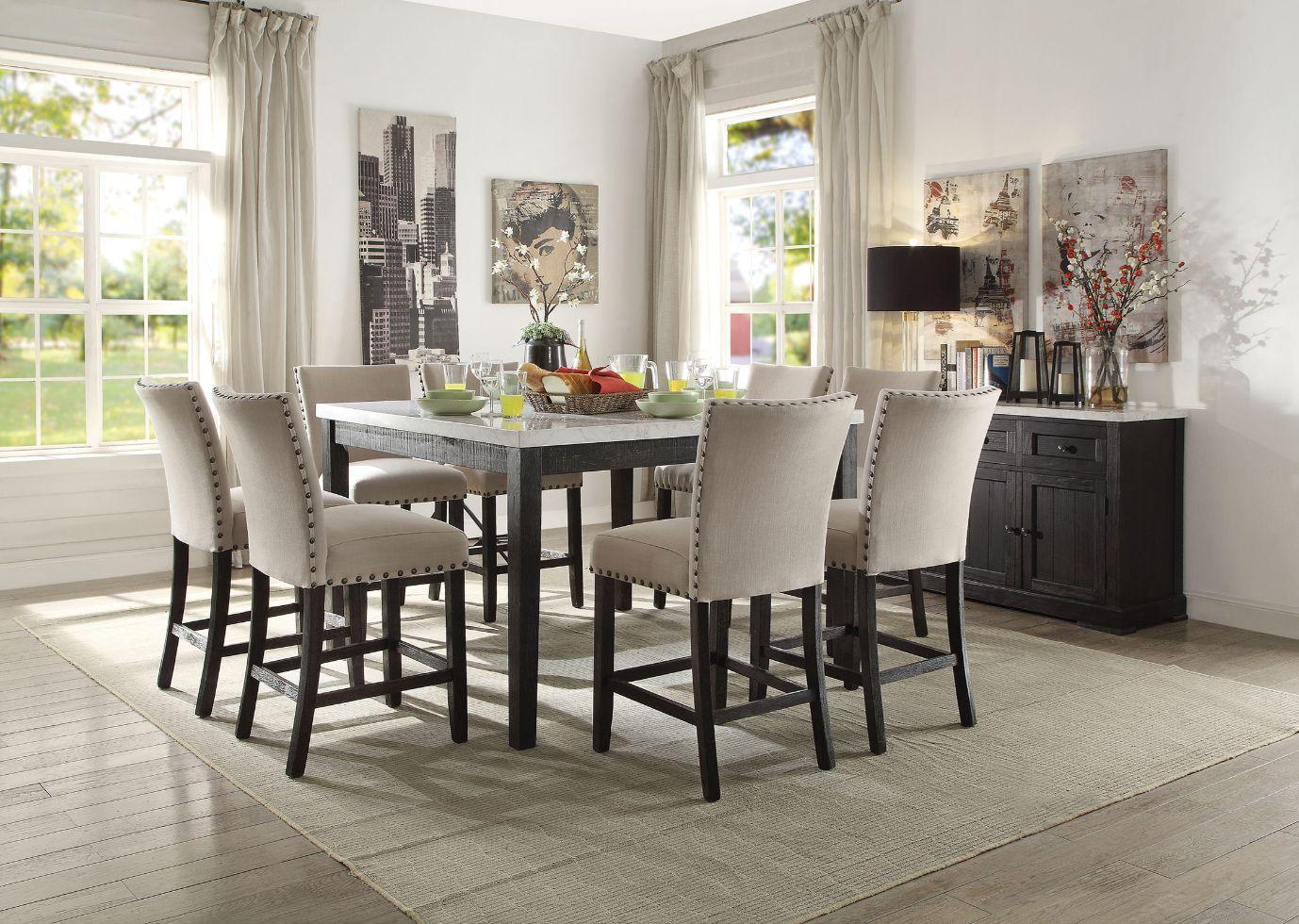 ACME Nolan Counter Height Table, White Marble & Salvage Dark Oak FredCo