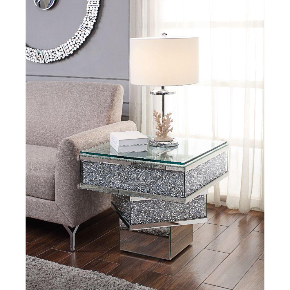 ACME Noralie End Table, Mirrored Diamonds FredCo
