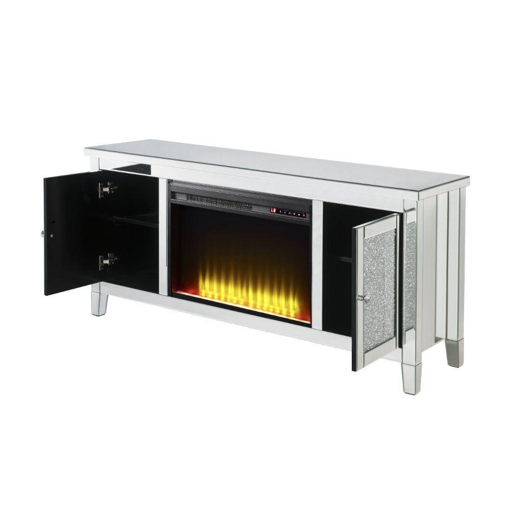 ACME Noralie TV Stand Fireplace, Mirrored & Faux Diamonds FredCo