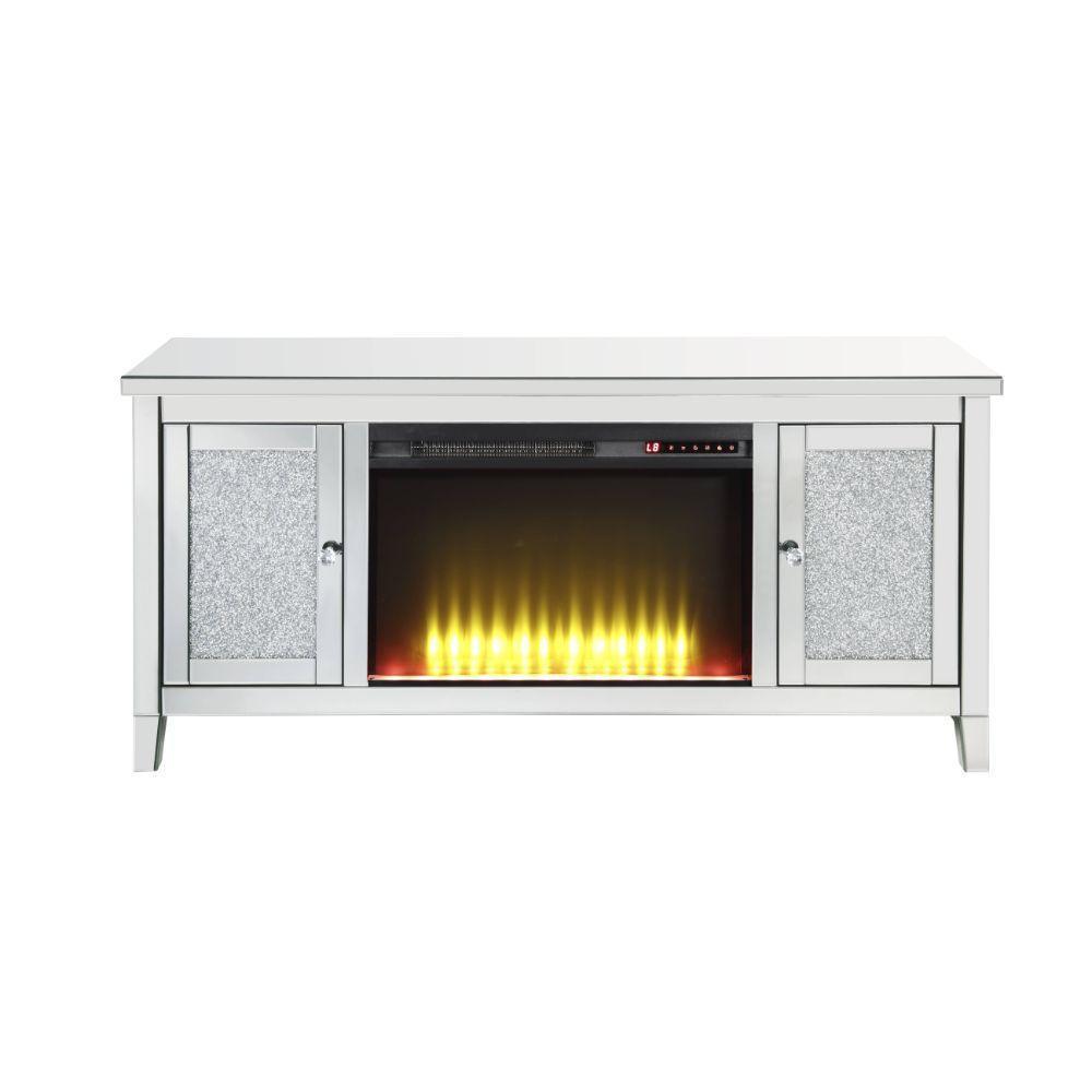 ACME Noralie TV Stand Fireplace, Mirrored & Faux Diamonds FredCo