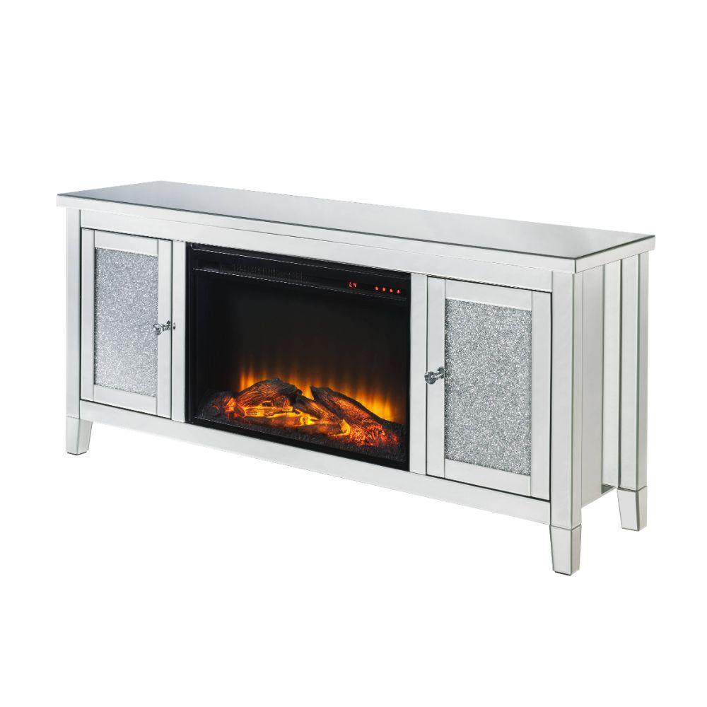 ACME Noralie TV Stand Fireplace, Mirrored & Faux Diamonds FredCo