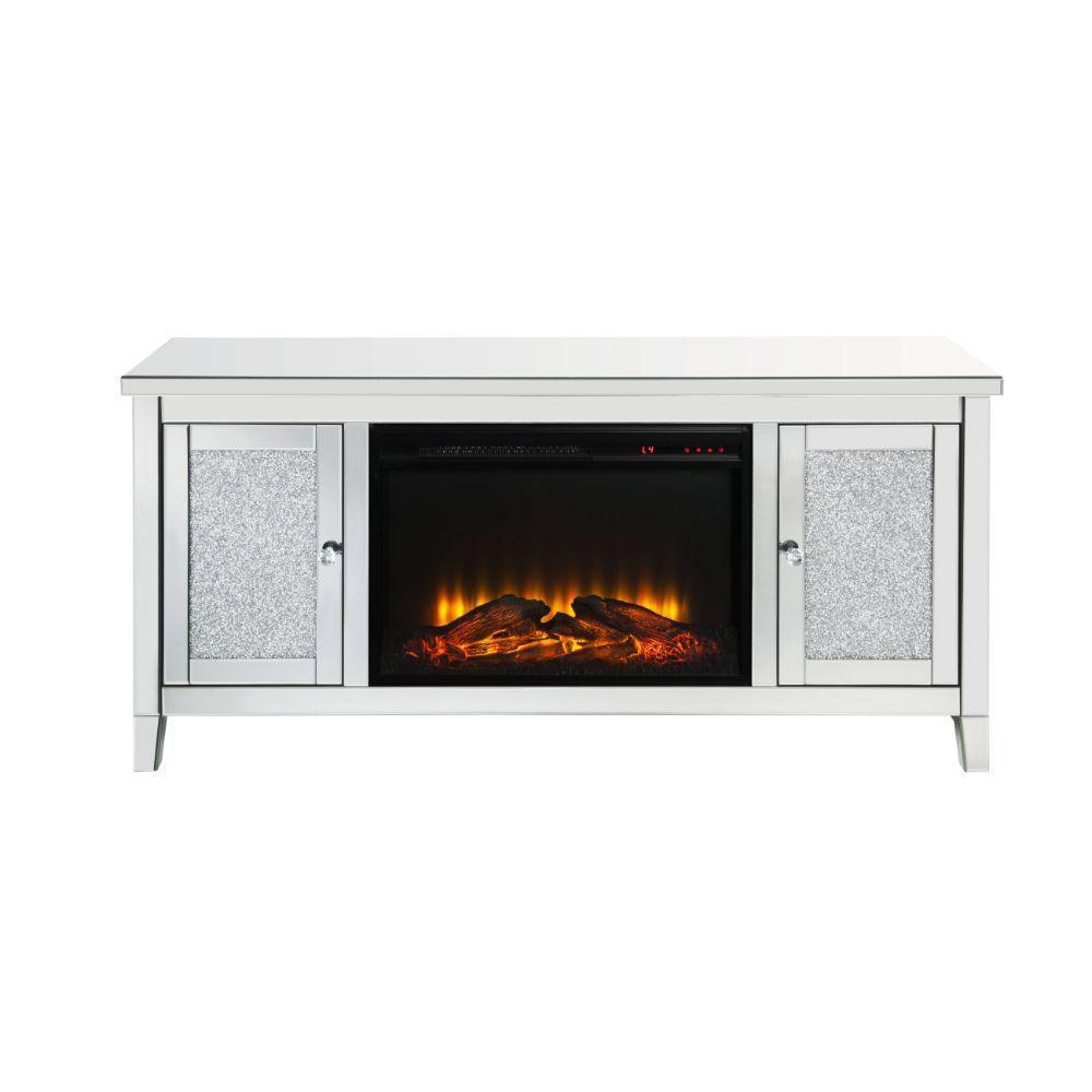 ACME Noralie TV Stand Fireplace, Mirrored & Faux Diamonds FredCo