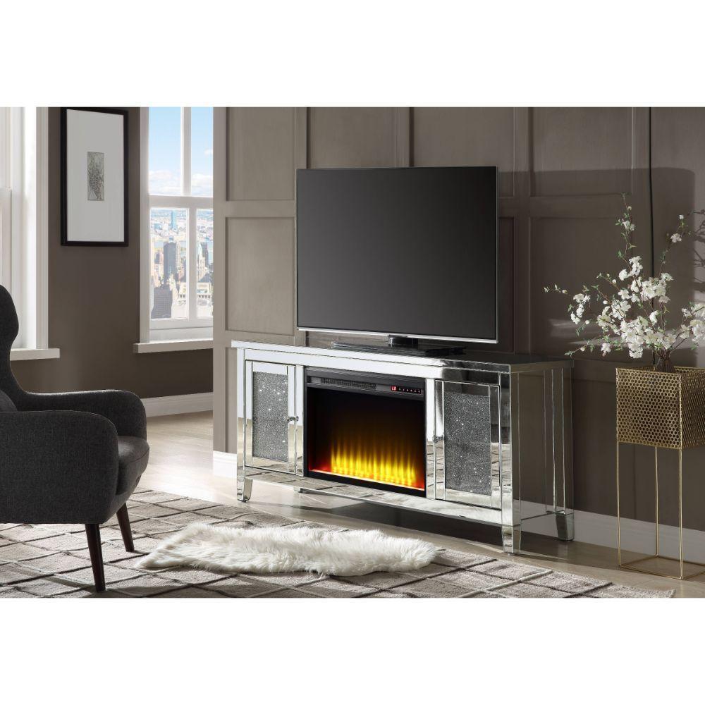 ACME Noralie TV Stand Fireplace, Mirrored & Faux Diamonds FredCo