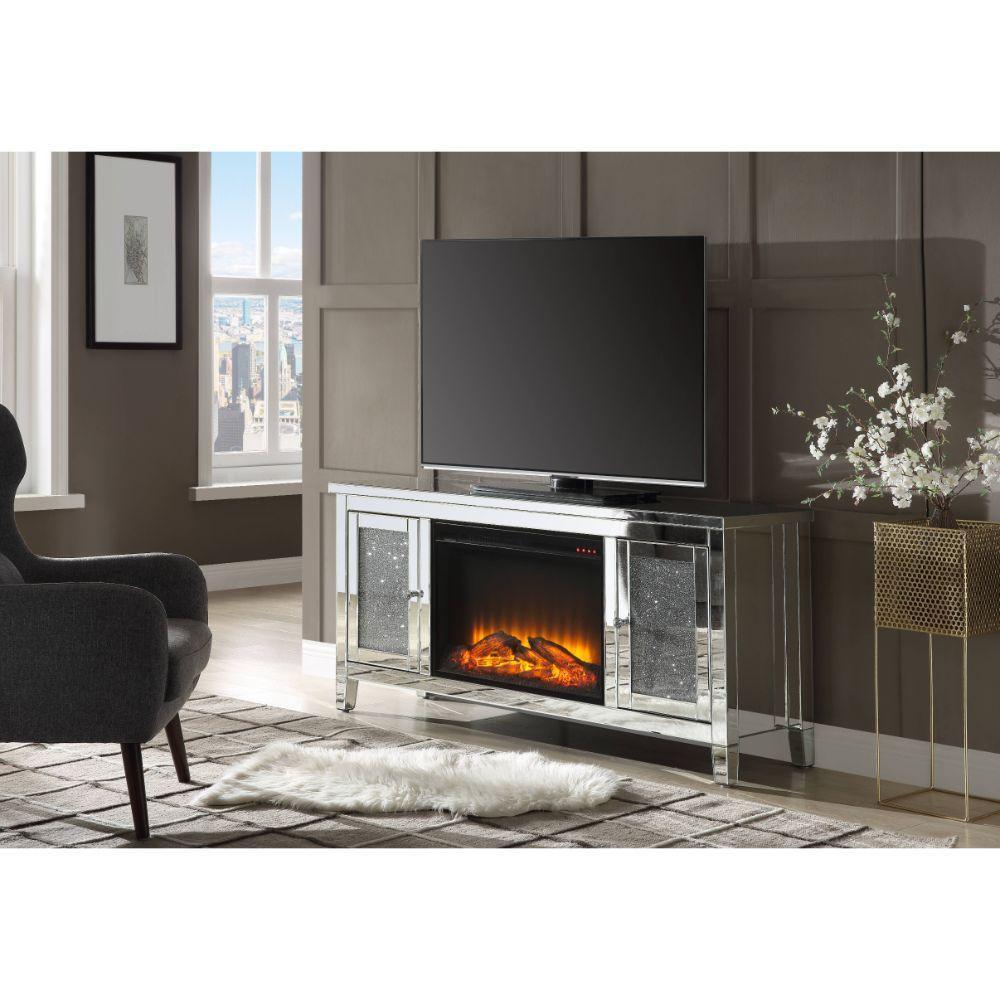 ACME Noralie TV Stand Fireplace, Mirrored & Faux Diamonds FredCo