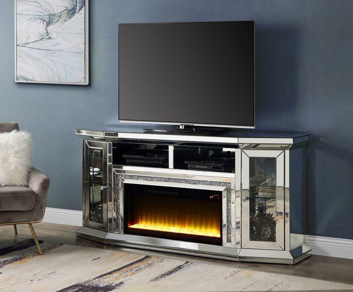ACME Noralie TV Stand w/Fireplace & LEDs, Mirrored & Faux Diamonds FredCo