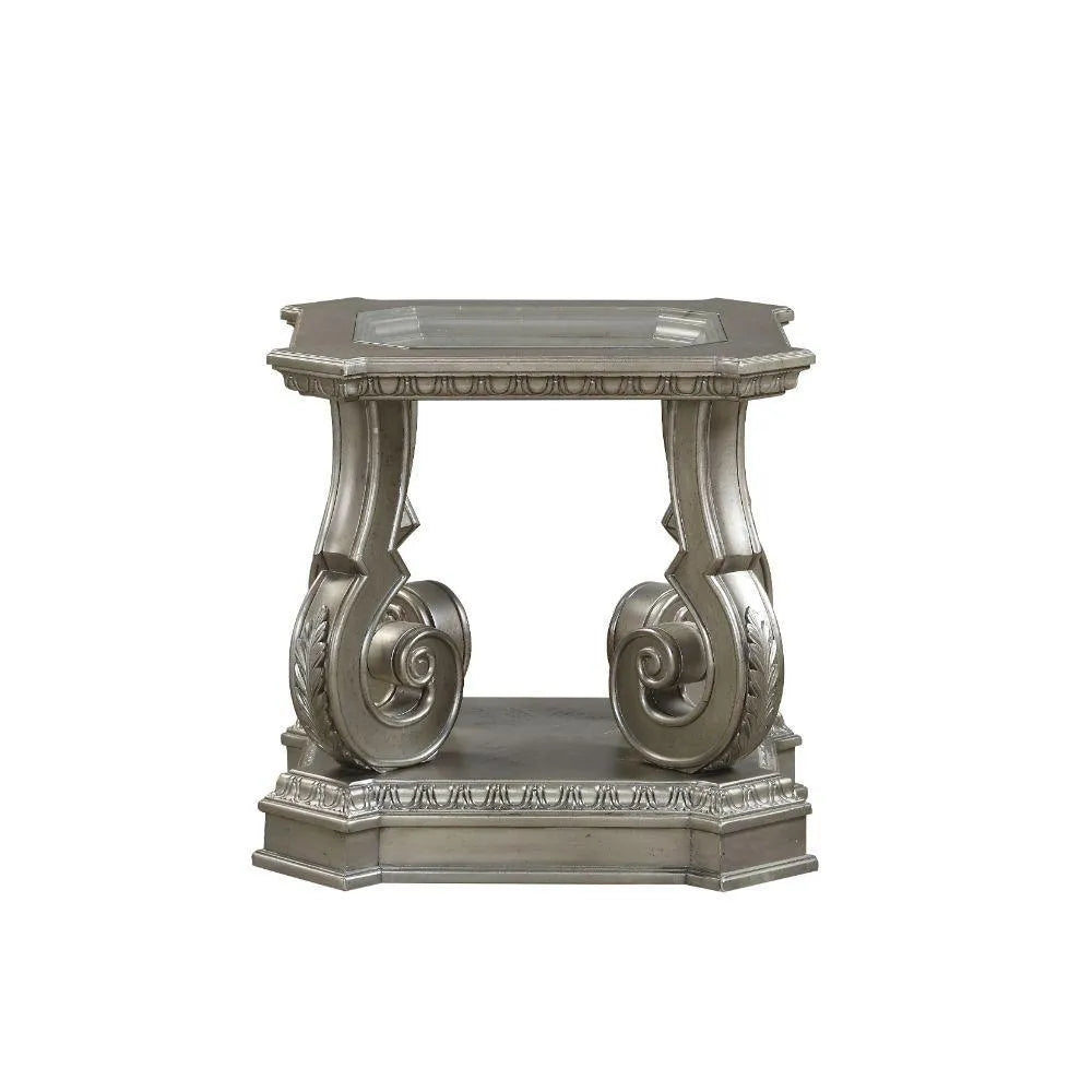 ACME Northville End Table, Antique Silver & Clear Glass FredCo