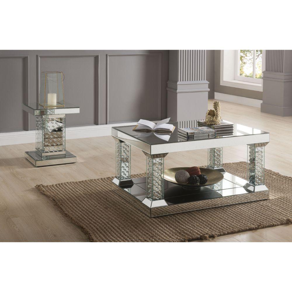 ACME Nysa End Table, Mirrored & Faux Crystals FredCo