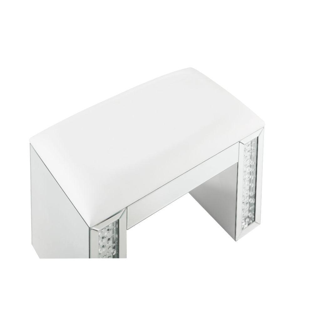 ACME Nysa Vanity Stool, Ivory PU, Mirrored & Faux Crystals FredCo