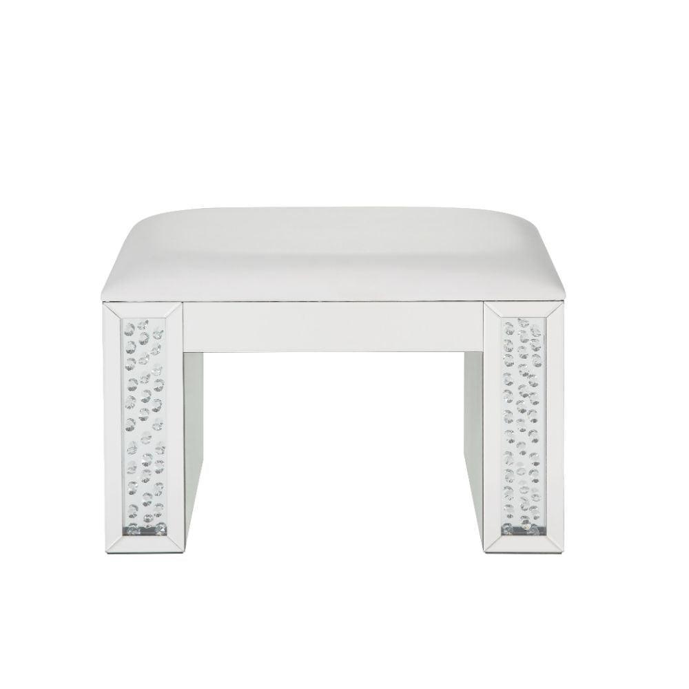 ACME Nysa Vanity Stool, Ivory PU, Mirrored & Faux Crystals FredCo