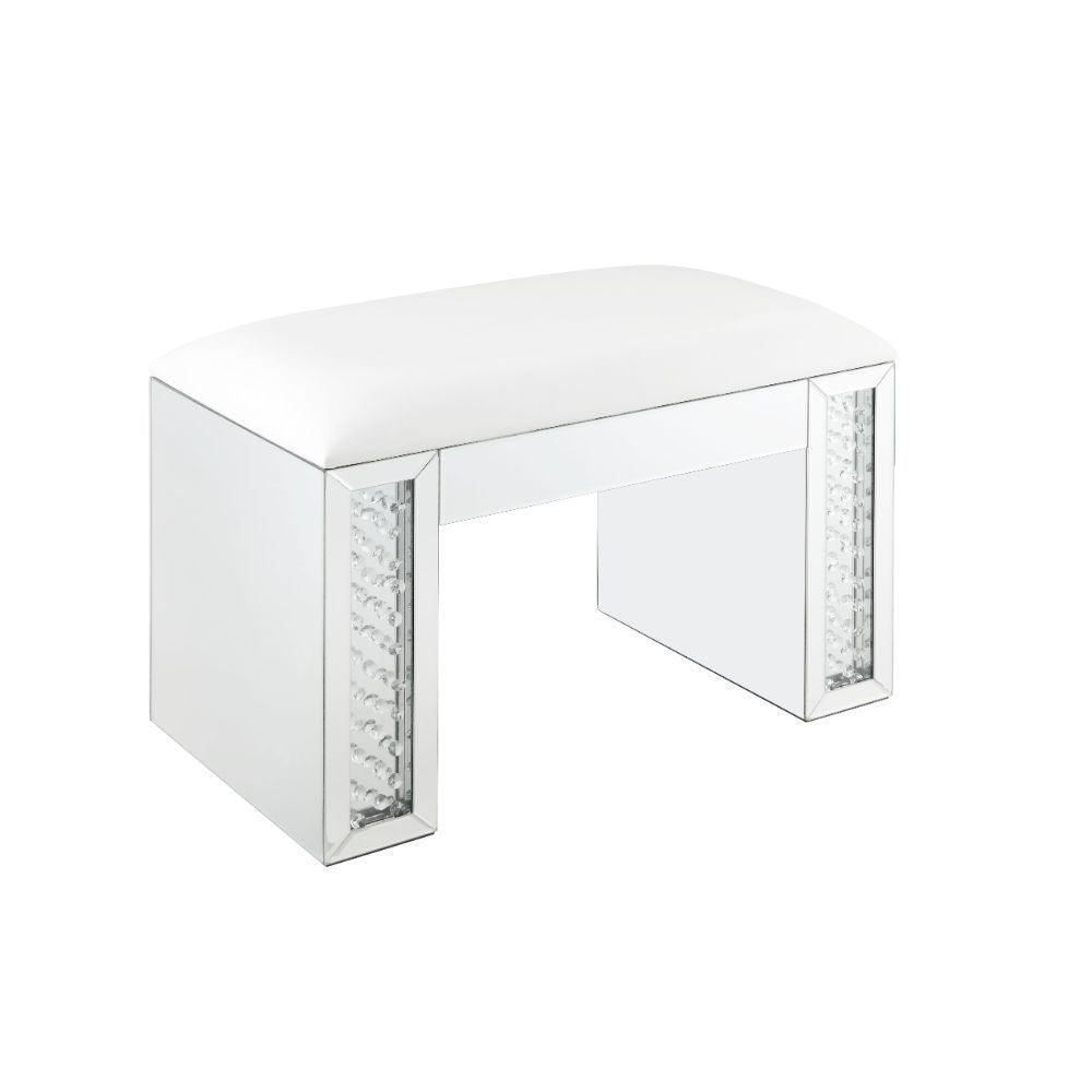 ACME Nysa Vanity Stool, Ivory PU, Mirrored & Faux Crystals FredCo