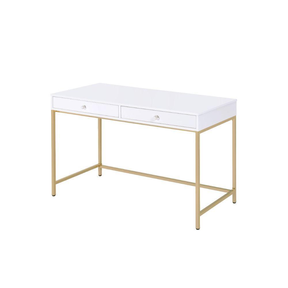 ACME Ottey Desk, White High Gloss & Gold FredCo