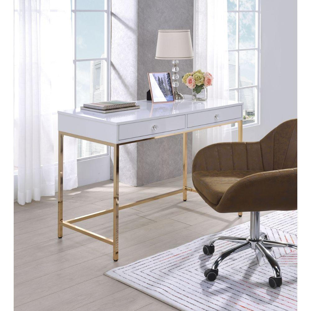 ACME Ottey Desk, White High Gloss & Gold FredCo