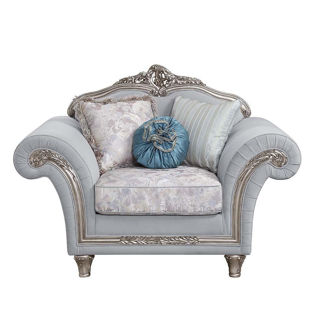 ACME Pelumi Chair w/3 Pillows, Light Gray Linen & Platinum Finish FredCo