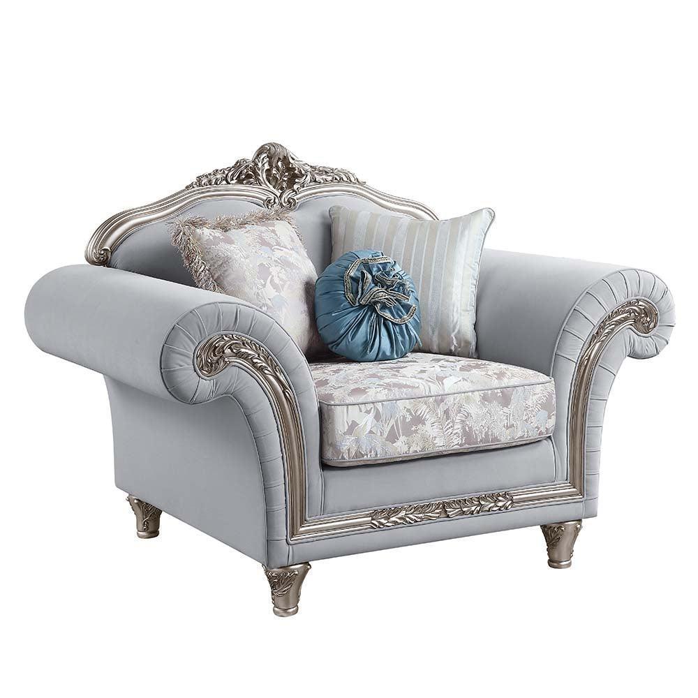 ACME Pelumi Chair w/3 Pillows, Light Gray Linen & Platinum Finish FredCo