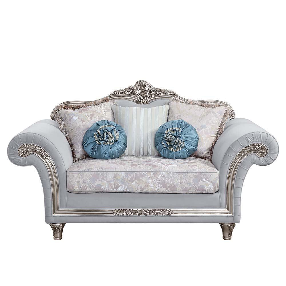 ACME Pelumi Loveseat w/5 Pillows, Light Gray Linen & Platinum Finish FredCo