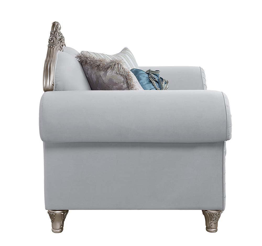 ACME Pelumi Sofa w/8 Pillows, Light Gray Linen & Platinum Finish FredCo