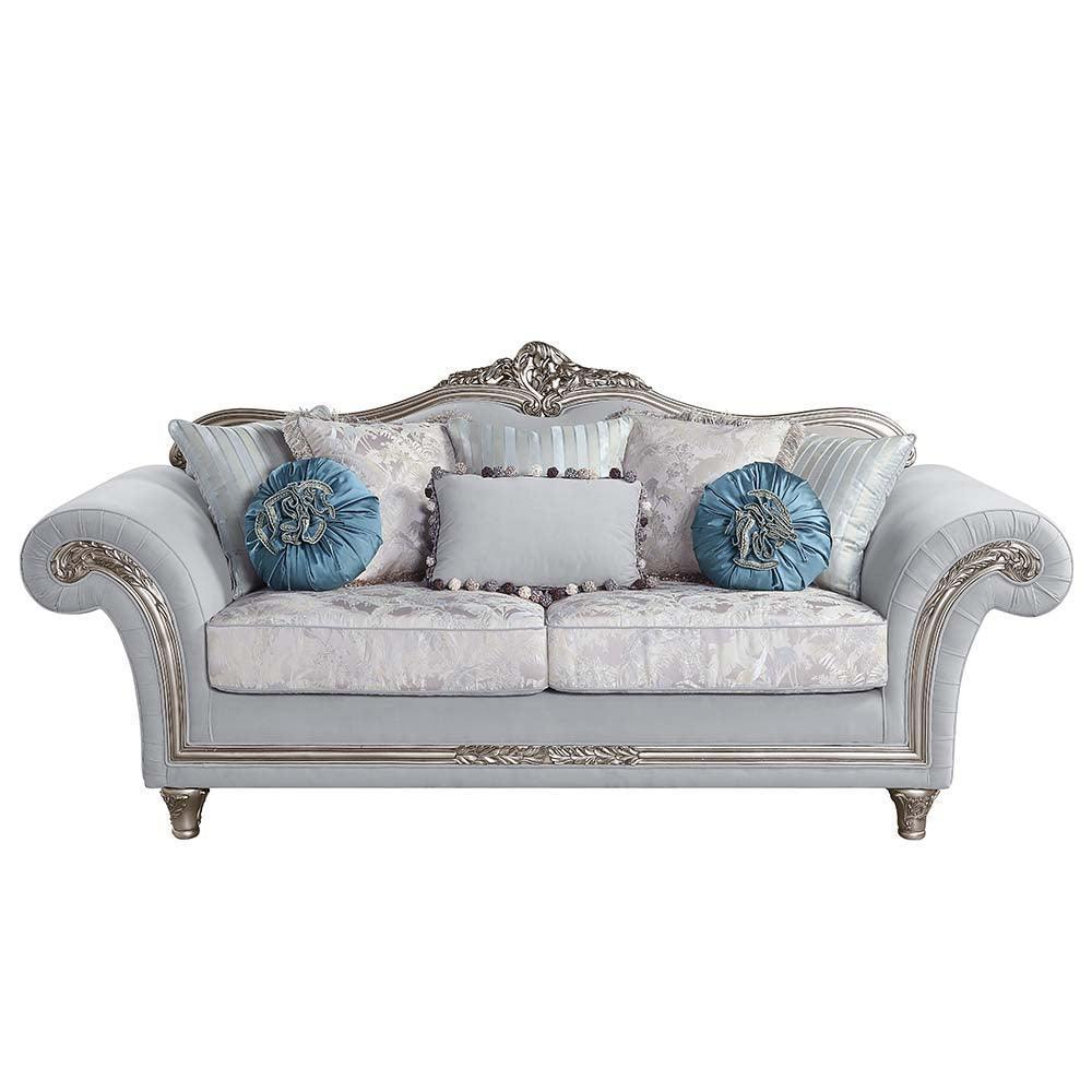 ACME Pelumi Sofa w/8 Pillows, Light Gray Linen & Platinum Finish FredCo