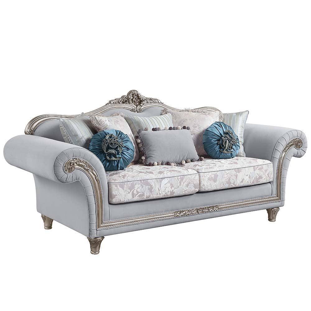ACME Pelumi Sofa w/8 Pillows, Light Gray Linen & Platinum Finish FredCo